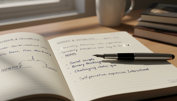 Close-up view of handwritten notes about gender and sexuality in a student notebook.