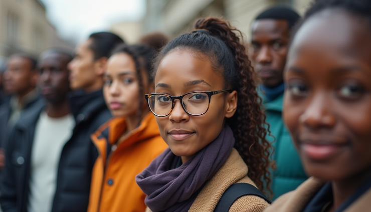 Eye-level view of a diverse group of people standing together outdoors, representing overlapping social identities