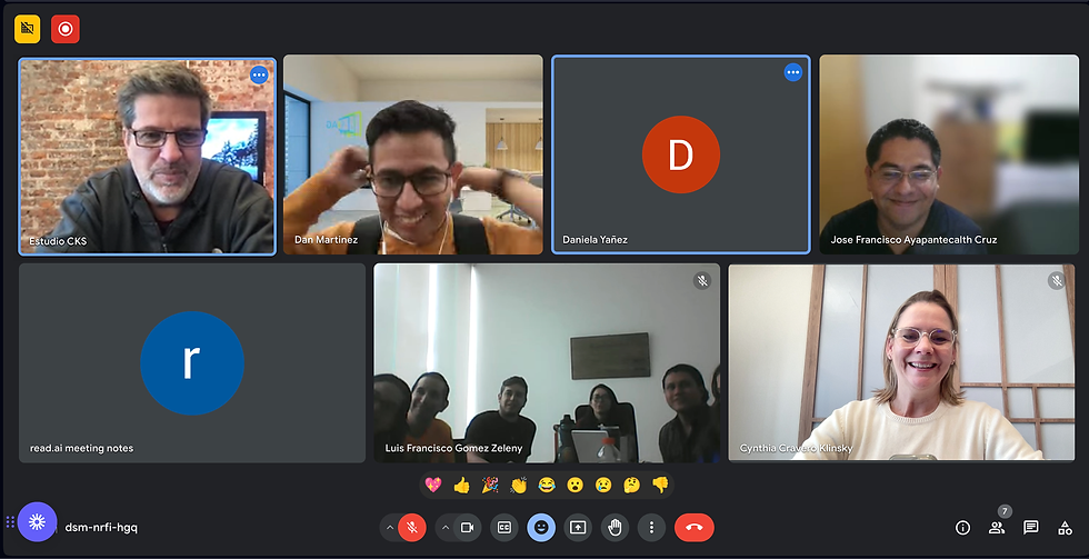 Video meeting grid with seven participants, some smiling or in avatar tiles, names shown and muted icons on a dark interface.