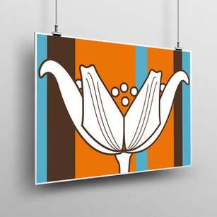 Ilustración estilizada de flor blanca con franjas naranjas y azules