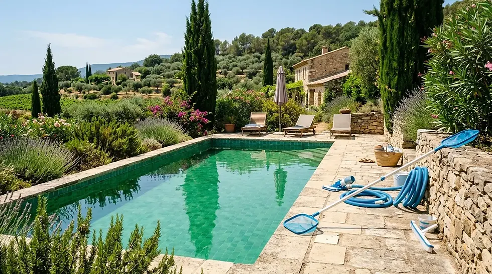 Piscine extérieure à l’eau verte au soleil dans le Var, avec outils de traitement proches.