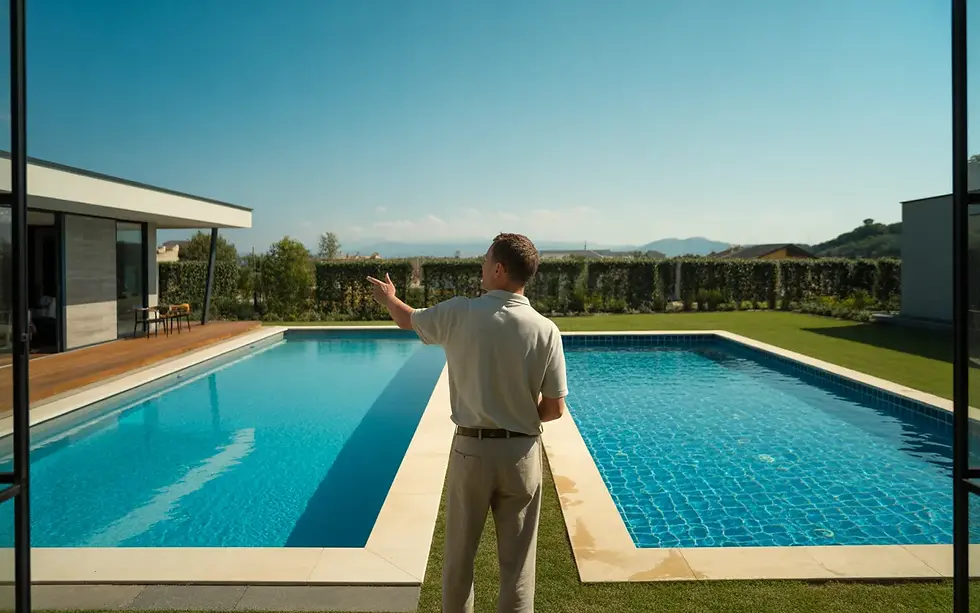 Jardin contemporain avec deux piscines côte à côte, à gauche une piscine coque polyester lisse et brillante, à droite une piscine céramique carrelée, un expert piscine local expliquant Piscine coque polyester ou céramique conseils d un expert piscine local.