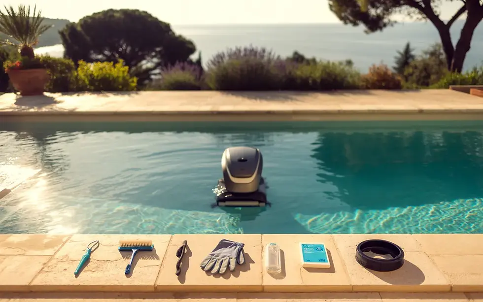 Piscine privée moderne à Saint-Cyr-sur-Mer (Côte d’Azur) vue en léger angle plongeant, eau turquoise scintillante et outils de routine sur margelle en travertin (épuisette, brosse, robot, gants, kit d’analyse), ambiance été méditerranéen pour entretien piscine.
