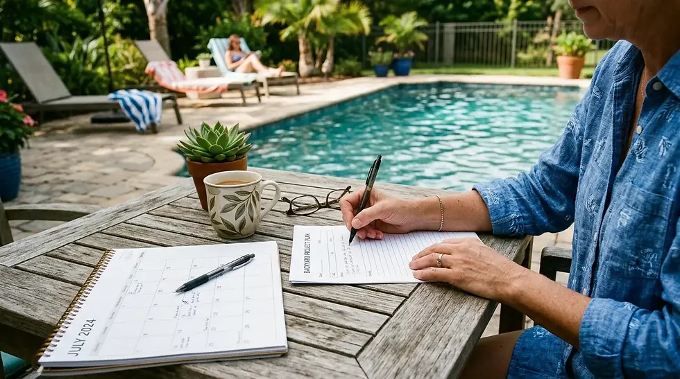 Mains remplissant des formulaires fiscaux près d’une piscine, calendrier posé sur la table
