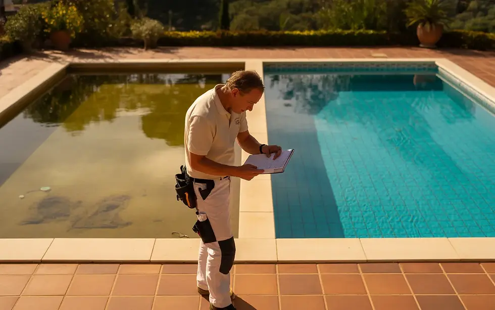 Rénovation de piscine dans le Var quand contacter un expert piscine : vue photo-réaliste en fin d’après-midi d’une villa méditerranéenne moderne avec, à gauche, une piscine avant rénovation au carrelage abîmé et eau terne, à droite la même piscine après rénovation avec revêtement neuf, margelles claires et eau turquoise, tandis qu’un expert piscine au centre examine le bassin avec une tablette sur la terrasse ensoleillée entourée de végétation méditerranéenne.