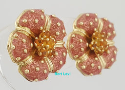 Hidalgo Pink Enamel Flower Omega Back Earrings 18k Yellow Gold 22.8 mm 21 Grams