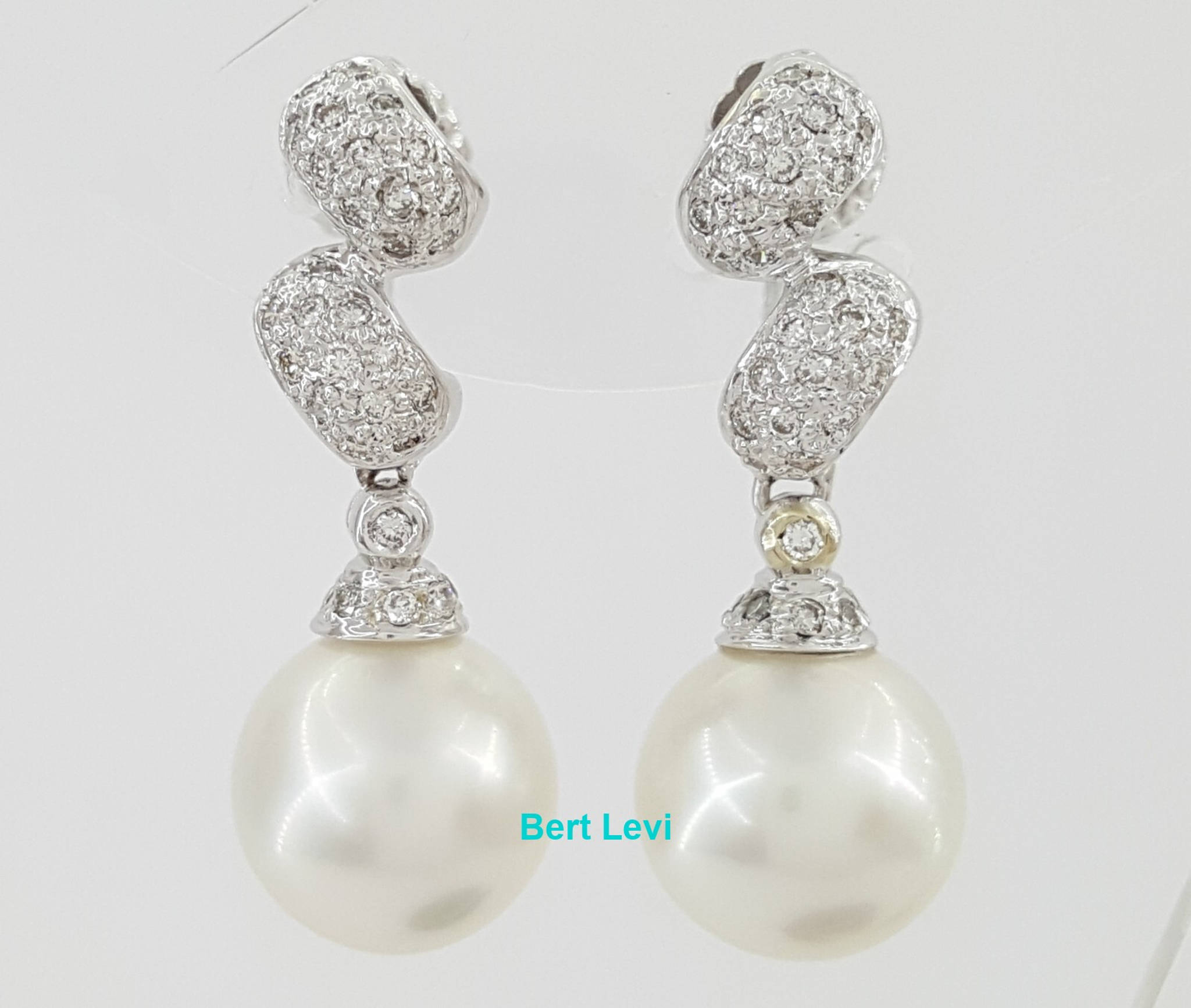 Diamond & Akoya Pearl Swirl Drop Screw Clip-On Earrings 0.5 ct 14k W Gold