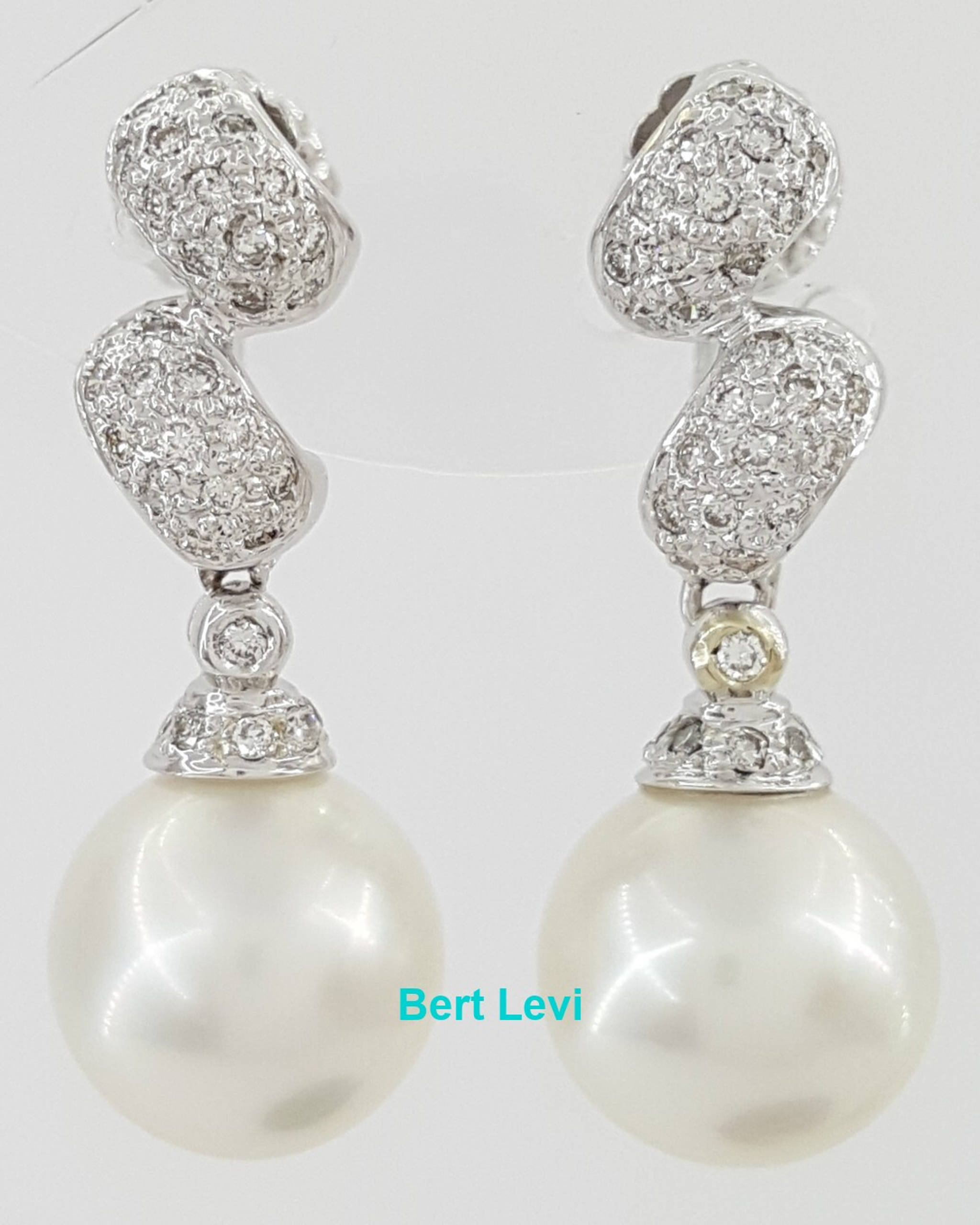 Diamond & Akoya Pearl Swirl Drop Screw Clip-On Earrings 0.5 ct 14k W Gold