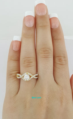 Round Cut Diamond Halo Crossover 14k Yellow Gold Engagement Ring 0.83 ct