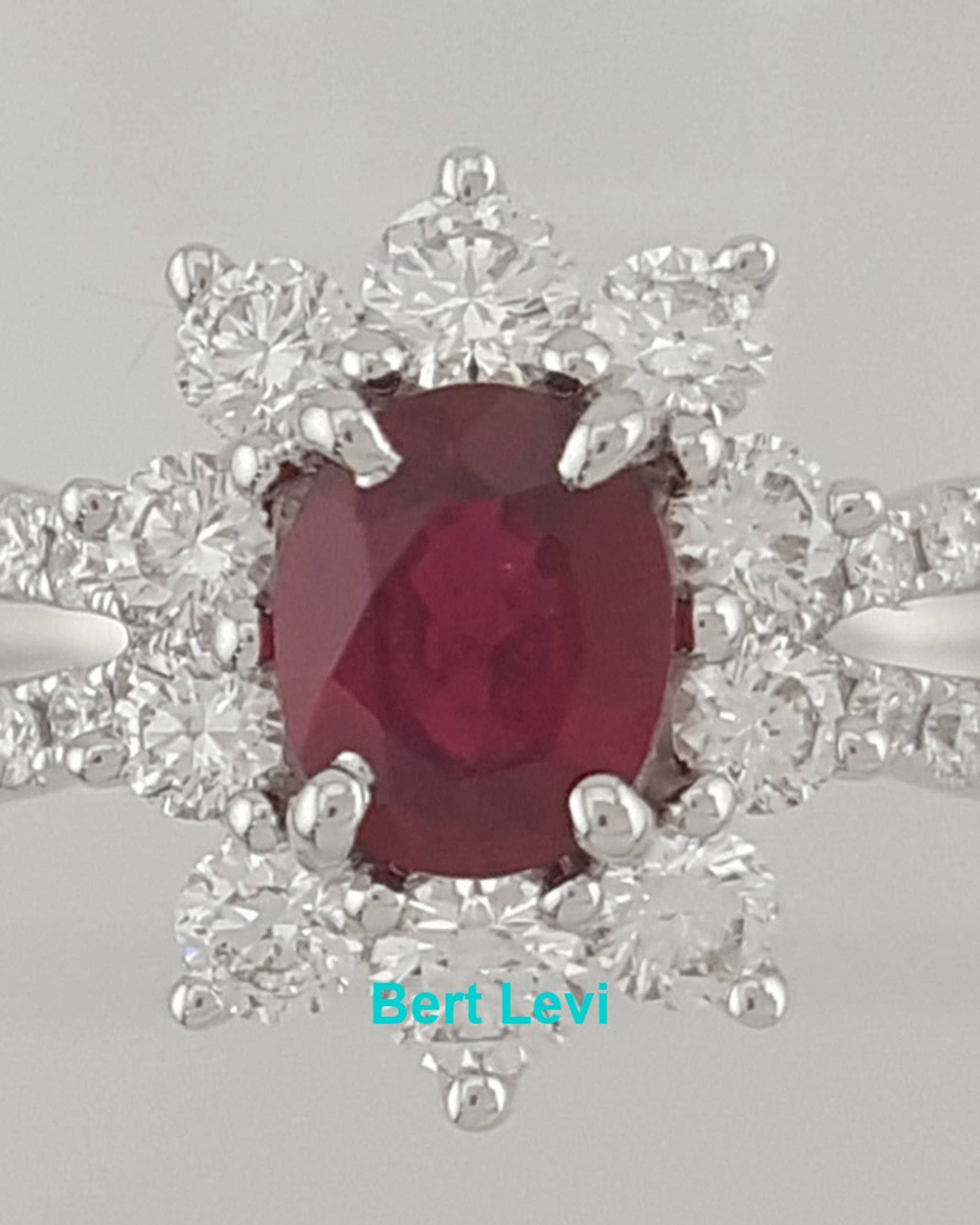 Oval Ruby Round Diamond Halo Split Shank Ring 1 ct 18k White Gold
