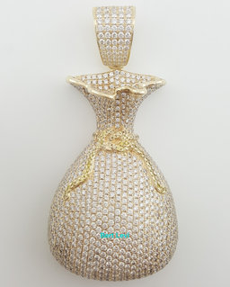 Money Bag Pave Diamond Pendant 15 ct 14k Gold 78.3 Grams 3.26" Retail $30K