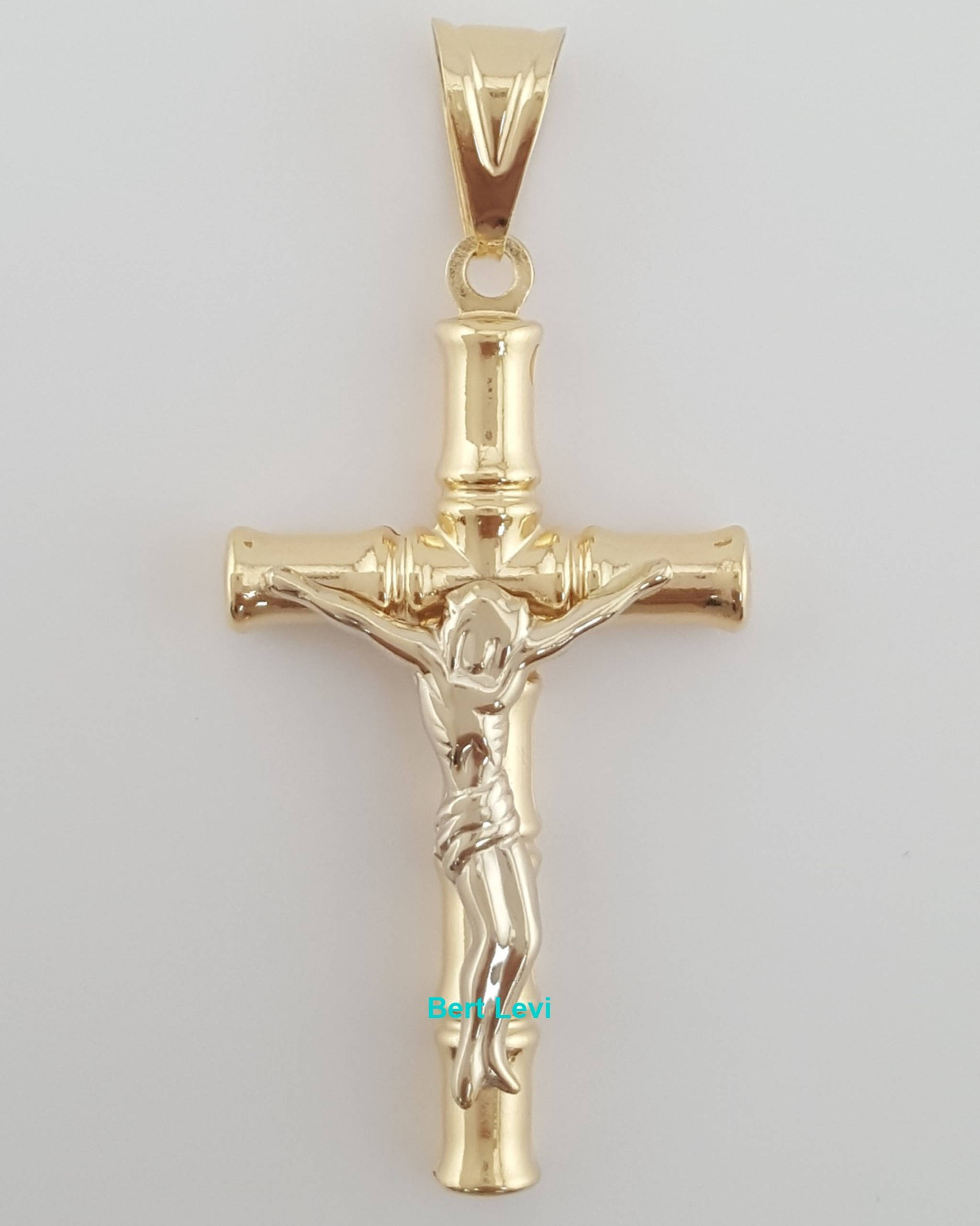 Bamboo Crucifix Cross Pendant 18k Yellow Gold 2" 3 grams
