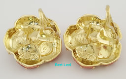 Hidalgo Pink Enamel Flower Omega Back Earrings 18k Yellow Gold 22.8 mm 21 Grams
