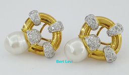 Vintage 18k Yellow Gold South Sea Pearl & 1.2 ct Diamond Earclips Earrings 31.1g