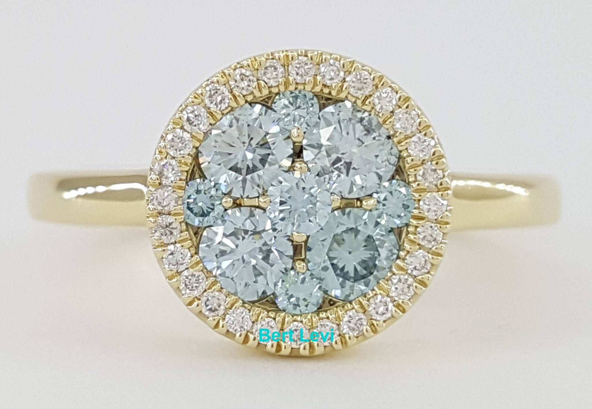 Round Irradiated Blue Diamond Cluster Halo Ring 0.72 ct 14K Yellow Gold