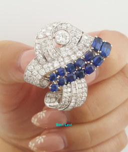 Antique Art Deco Diamond Sapphire Brooch 4.1 ct Plat & 18K Gold 1.4"