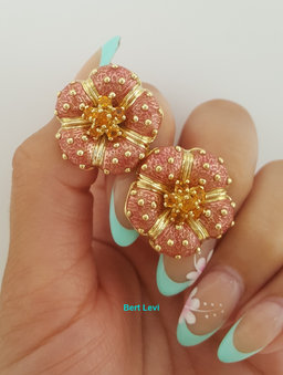 Hidalgo Pink Enamel Flower Omega Back Earrings 18k Yellow Gold 22.8 mm 21 Grams
