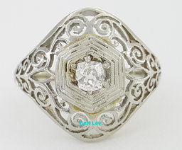 Antique Art Deco Old Mine Cut Diamond Engagement Ring 0.22 ct 18k White Gold