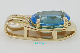 Oval Blue Topaz & Diamond Slider Pendant 0.25 ct 14k Yellow Gold 1.2”
