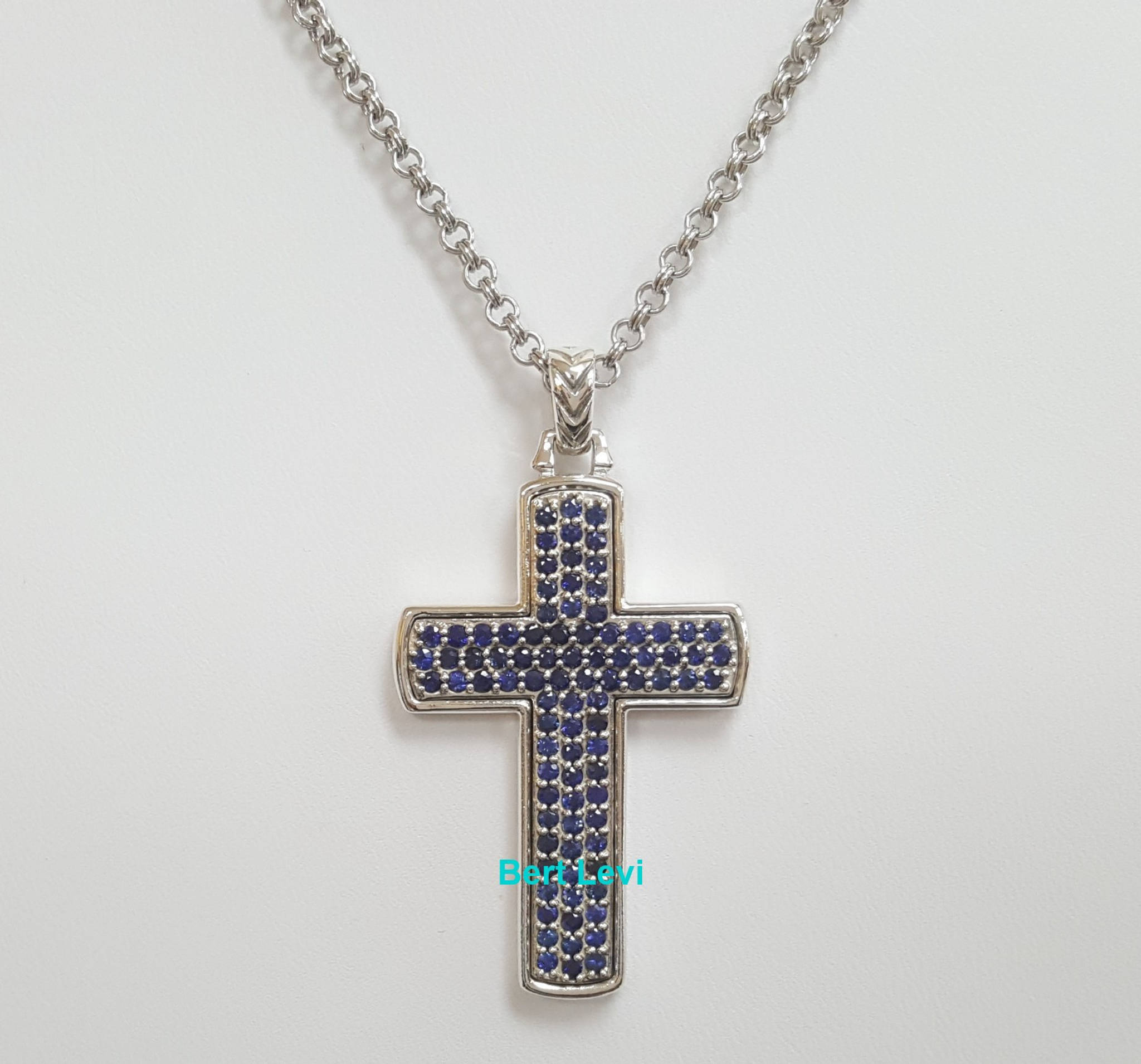 Esquire Silver Sapphire Cross Necklace Italy 22" 20.3 Grams