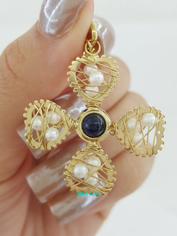 Flower Cross Pendant 14k Yellow Gold Pearl 36.7mm (1.44") 4.3 Grams