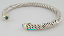 David Yurman Classic Cable Blue Topaz Bracelet Silver & 14k Gold 5 mm 6.5" $850