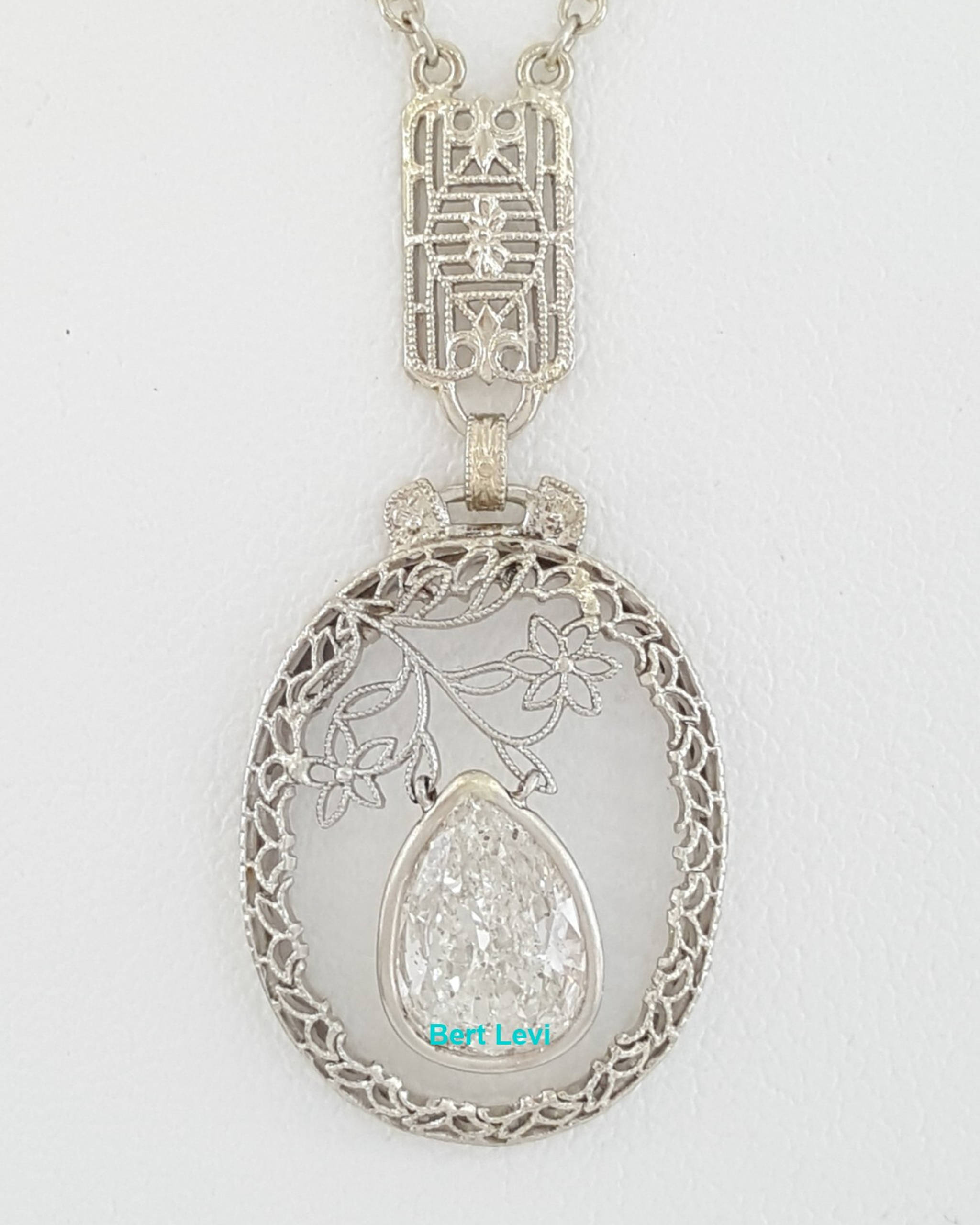 Antique Vintage Pear Diamond Solitaire Flower Necklace 1.65 ct 14K White Gold