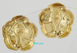 Hidalgo Pink Enamel Flower Omega Back Earrings 18k Yellow Gold 22.8 mm 21 Grams