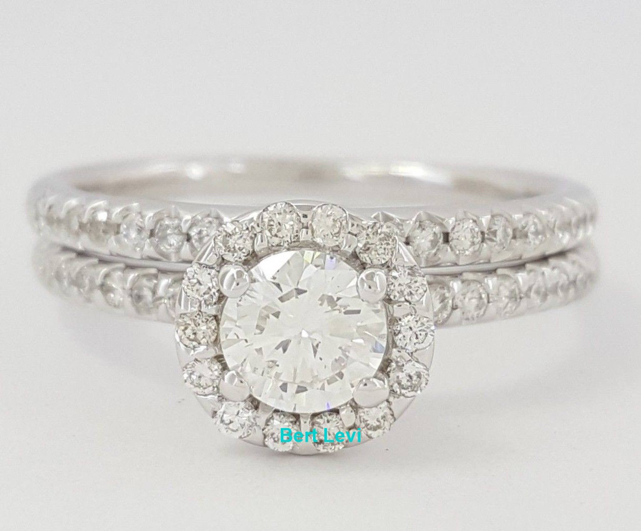 Round Brilliant Diamond Halo Engagement / Wedding Ring Set 1 ct 14K White Gold