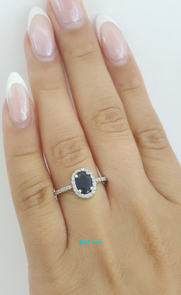 Oval Blue Sapphire & Diamond Halo 14k White Gold Engagement Ring 0.9 ct