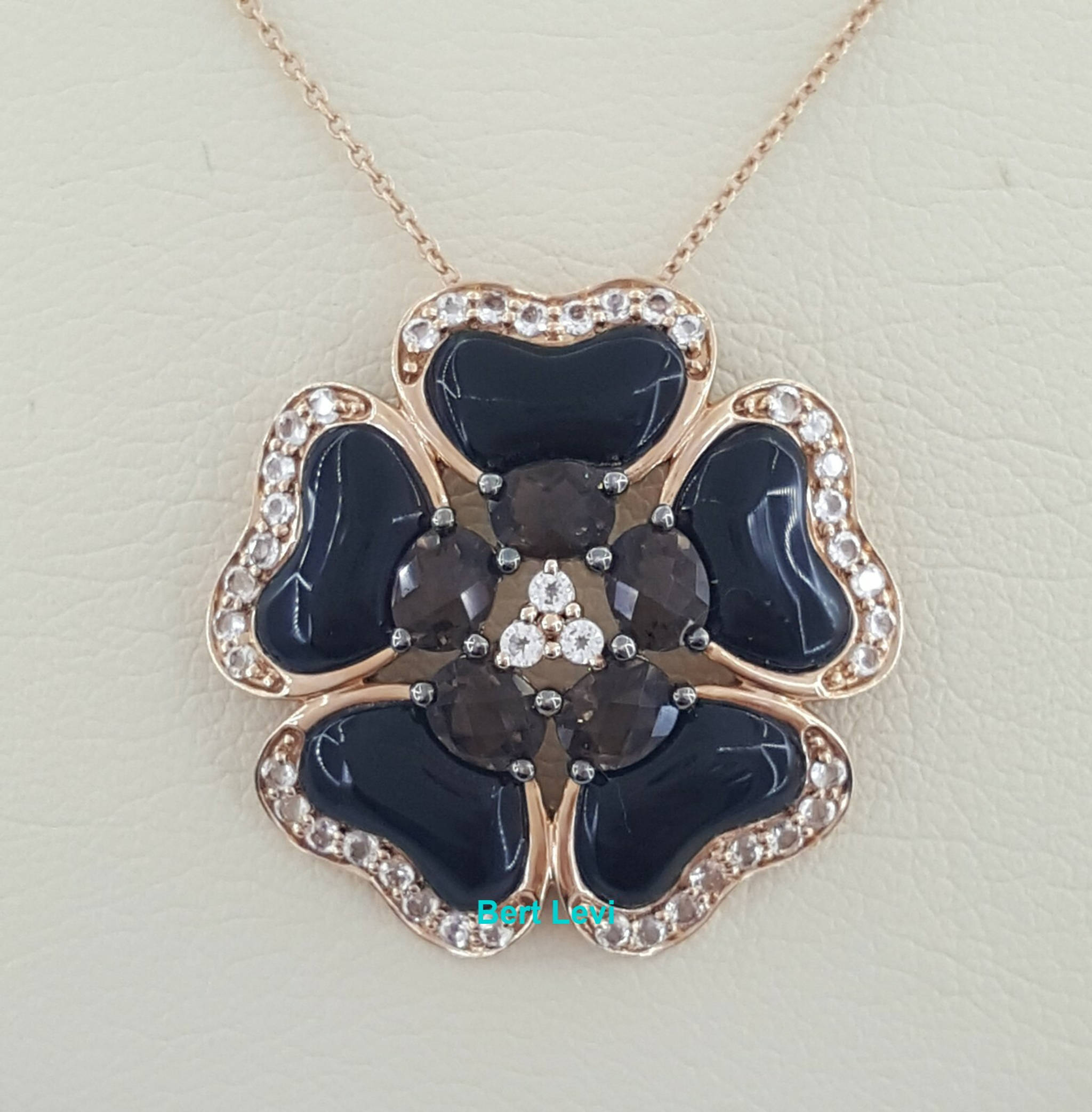 Carlo Viani 14K Rose Gold Onyx, Smoky Quartz & Topaz Flower Necklace 18"