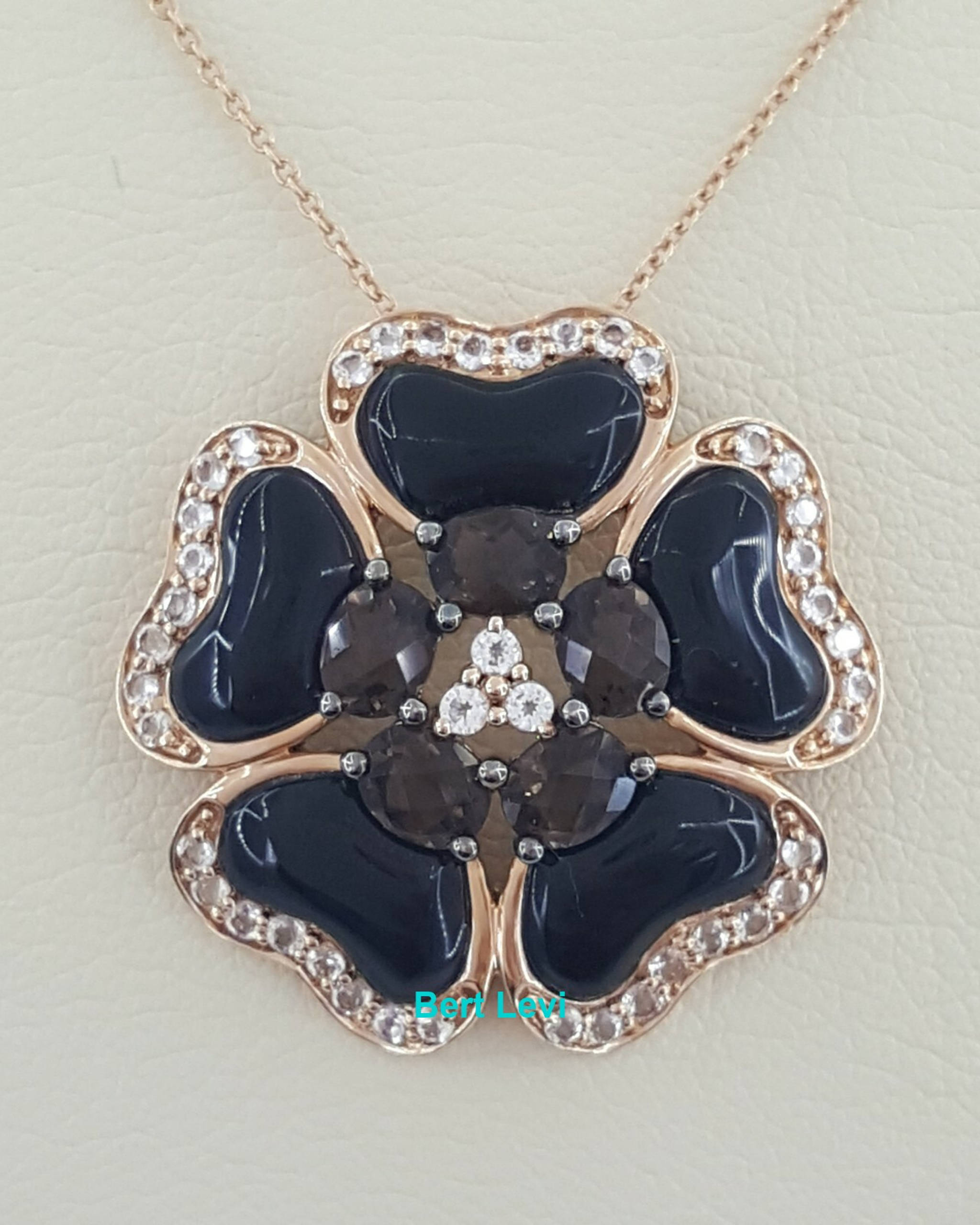 Carlo Viani 14K Rose Gold Onyx, Smoky Quartz & Topaz Flower Necklace 18"
