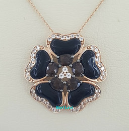 Carlo Viani 14K Rose Gold Onyx, Smoky Quartz & Topaz Flower Necklace 18"