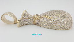 Money Bag Pave Diamond Pendant 15 ct 14k Gold 78.3 Grams 3.26" Retail $30K