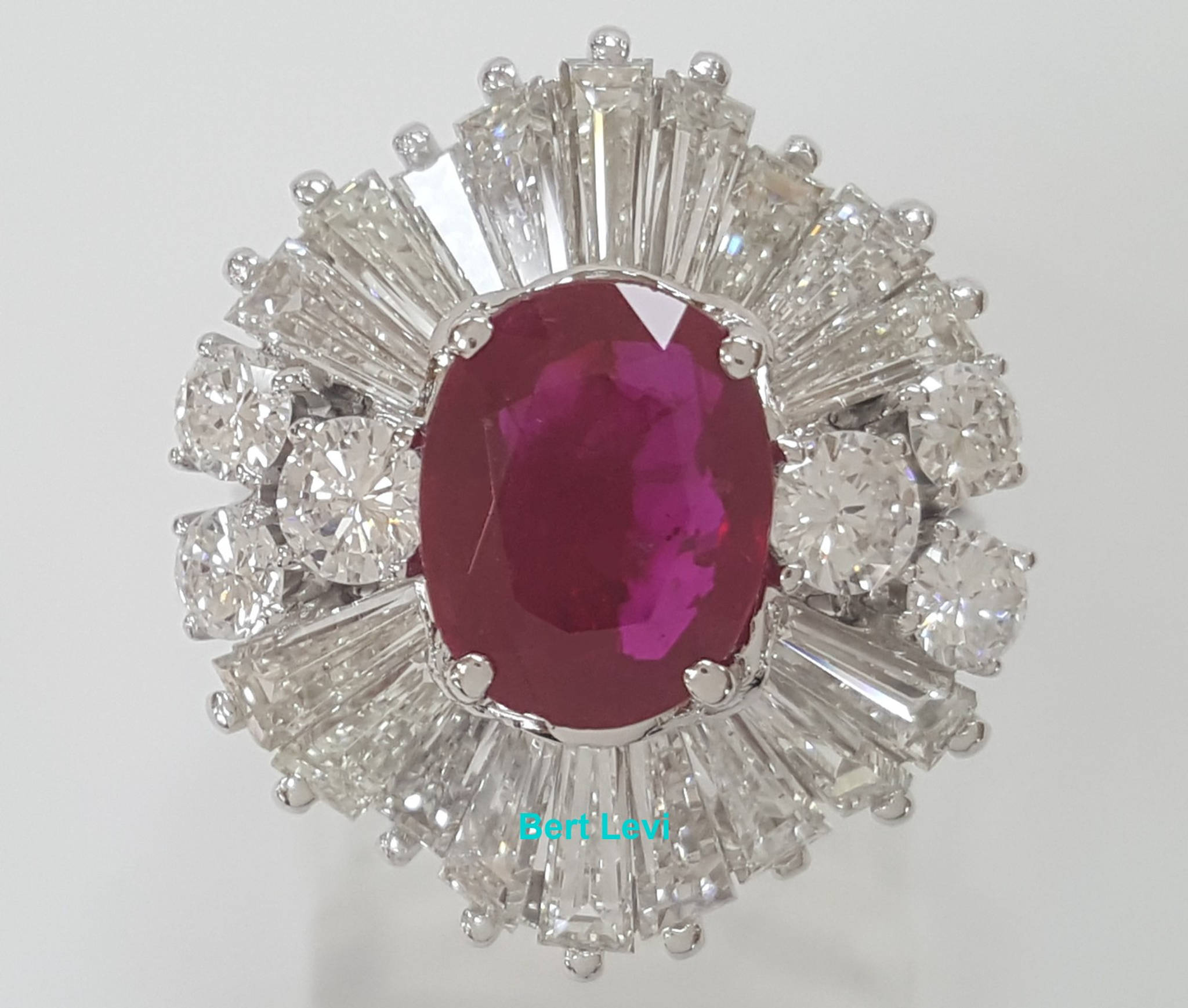 Vintage Oval Burma No Heat Ruby Diamond Ballerina Ring Platinum 5.2 ct