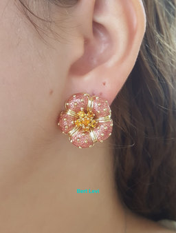 Hidalgo Pink Enamel Flower Omega Back Earrings 18k Yellow Gold 22.8 mm 21 Grams