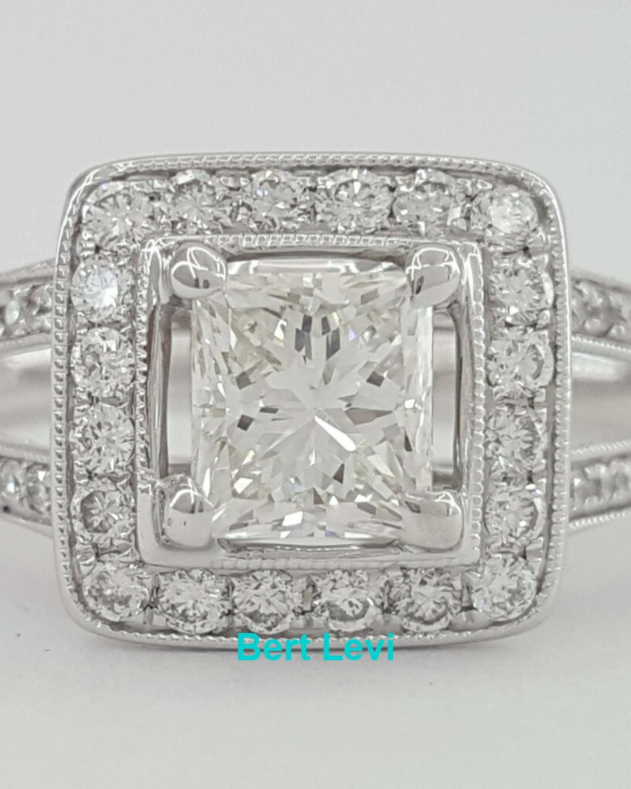 Princess Diamond Halo Split Shank Engagement Ring 0.95 ct 14k White Gold