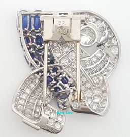 Antique Art Deco Diamond Sapphire Brooch 4.1 ct Plat & 18K Gold 1.4"