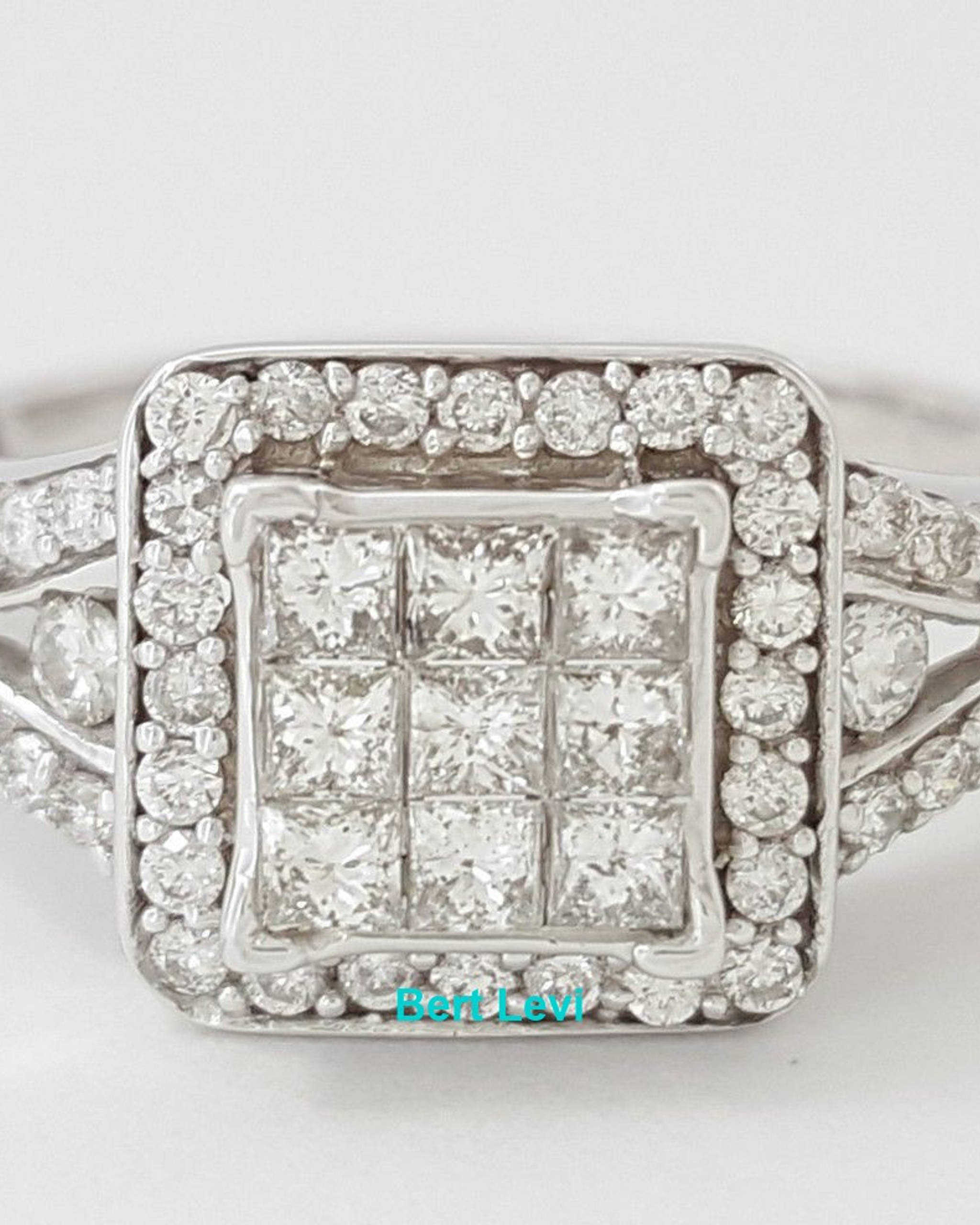 1 ct 14k White Gold Invisible Set Princess & Round Cut Diamond Engagement Ring