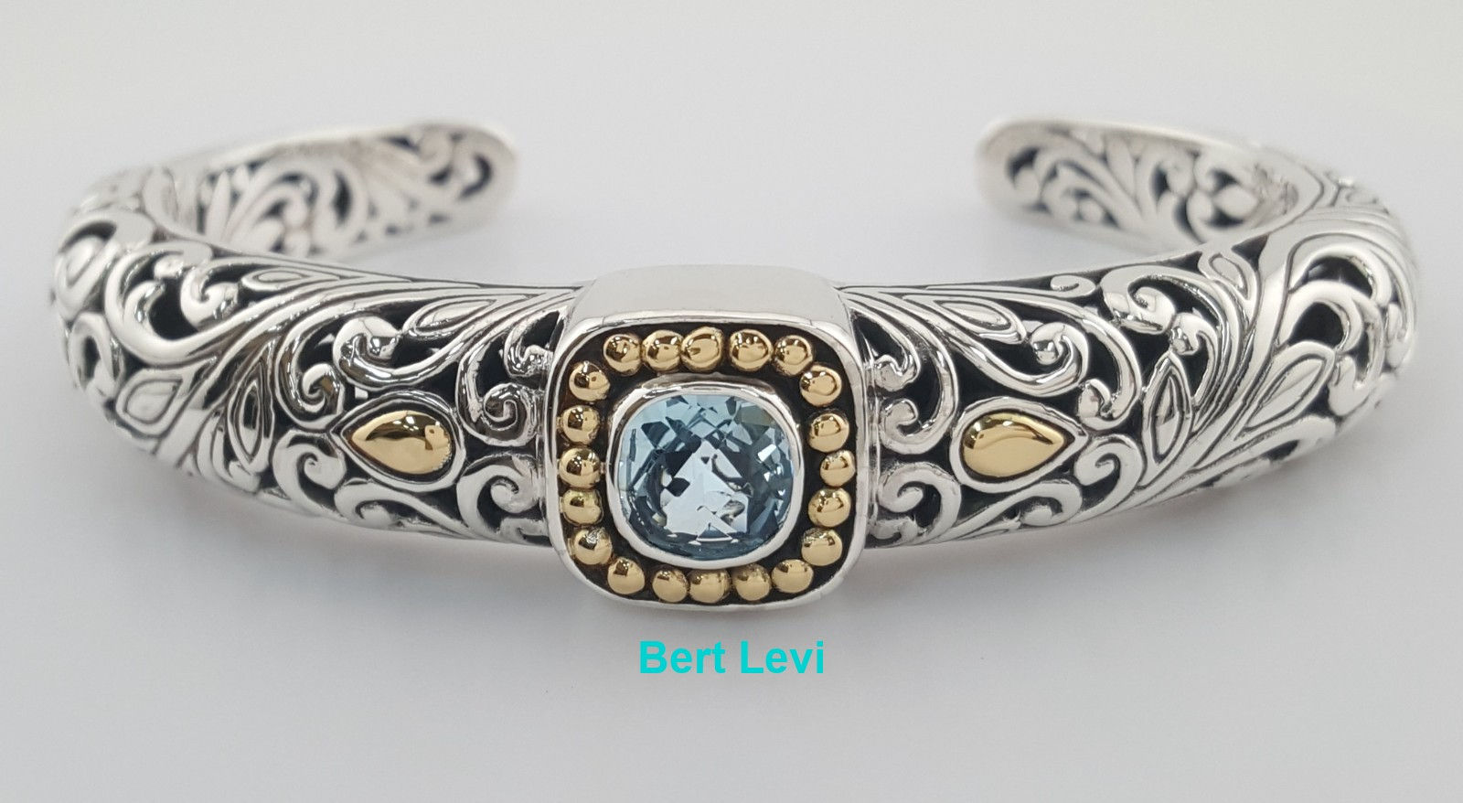 Blue Topaz Bangle Bracelet Sterling Silver & 18K Yellow Gold 34.7 Grams 6.5"