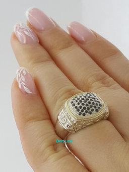 EFFY 925 Sterling Silver & 18k Gold 0.5 ct Round Cut Black Diamond Fashion Ring