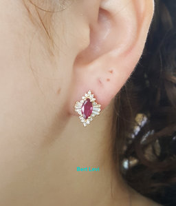 Marquise Ruby Diamond Halo Stud Earrings 1.46 ct 14k Yellow Gold