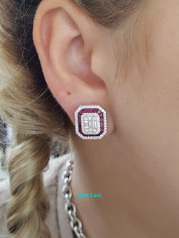 18k White Gold 3.39 ct Round & Baguette Diamond & Ruby Halo Stud Earrings 12gm