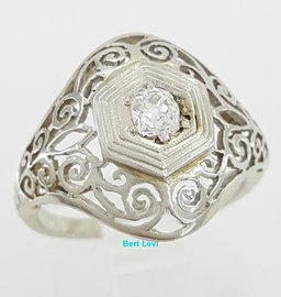 Antique Art Deco Old Mine Cut Diamond Engagement Ring 0.22 ct 18k White Gold