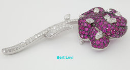Rose Brooch 18K White Gold 14.26 ct Round & Pear Cut Diamonds & Pink Sapphires