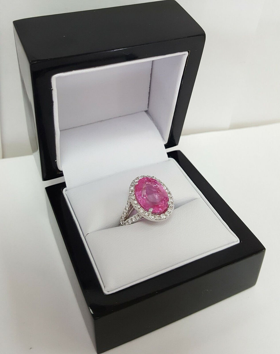 Thumbnail: BURMA No Heat Oval Cut Pink Sapphire Halo Diamond 11.05 ct 18K Ring Rtl $95,000