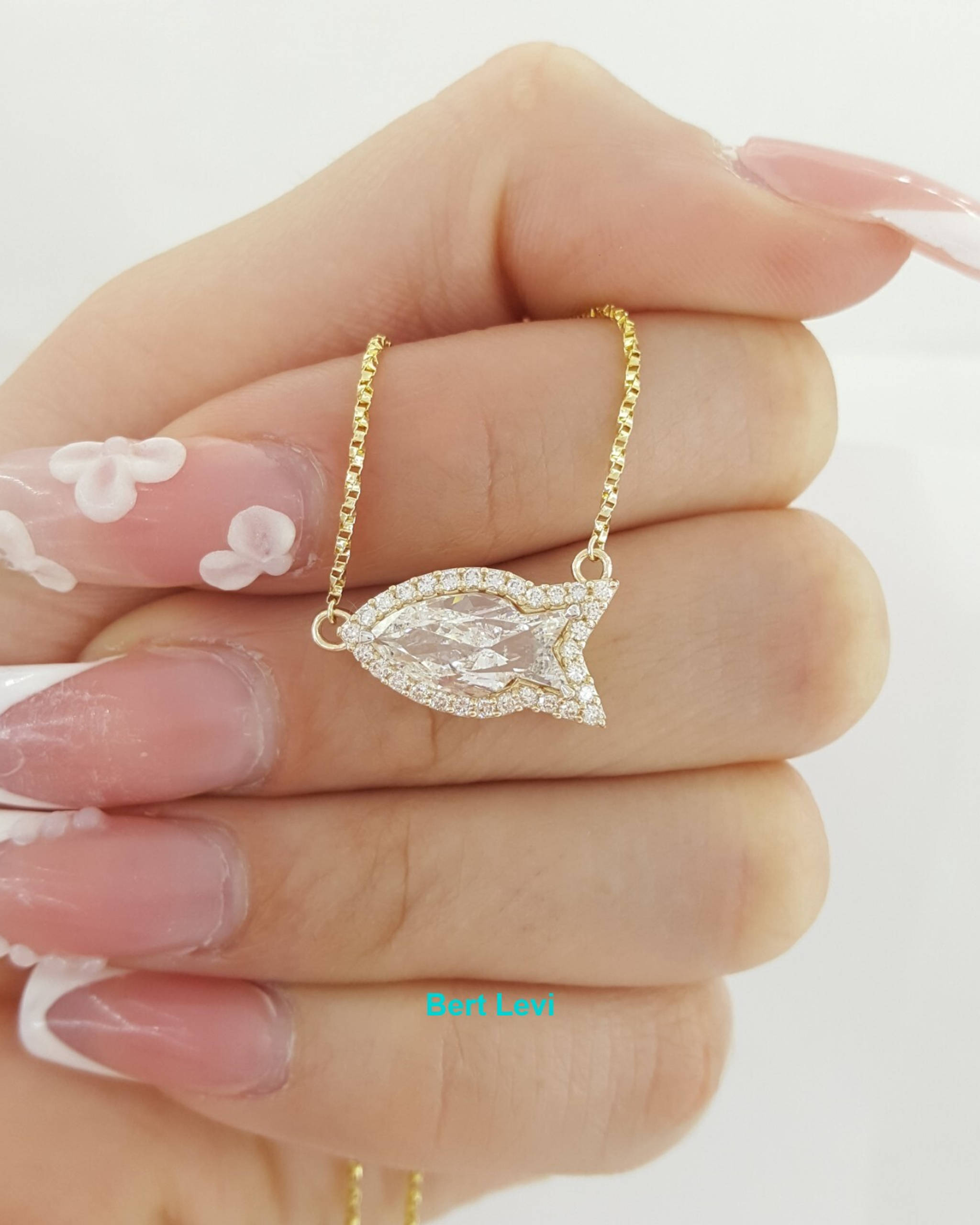 Fish Cut Diamond Halo Necklace GIA 1.85 ct 14K Yellow Gold Retail $13,500