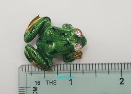 Vintage Round Diamond & Green Enamel Frog Brooch / Pin Pendant 18K Gold 0.28 ct