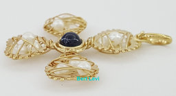 Flower Cross Pendant 14k Yellow Gold Pearl 36.7mm (1.44") 4.3 Grams