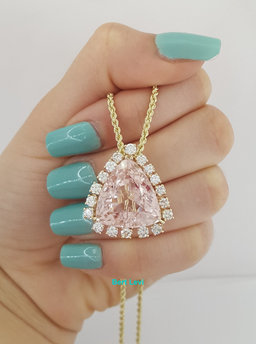 Morganite & Diamond Halo Necklace 16 ct Trillion Cut 14K Gold 20" Retail $12K